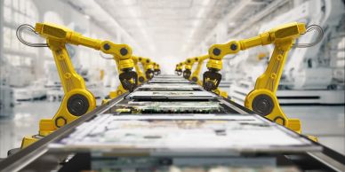Yellow robotic arms working on a production line.