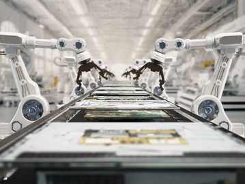 Robotic arms working on an assembly line in a factory.