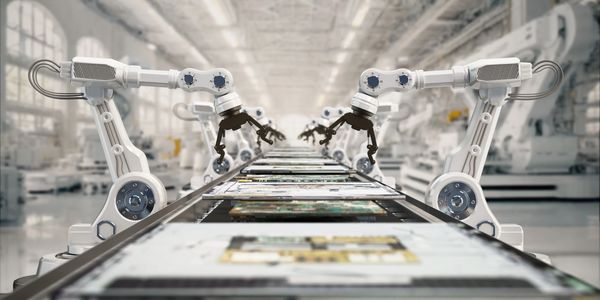Robotic arms assembling products on a conveyor belt in a futuristic factory.