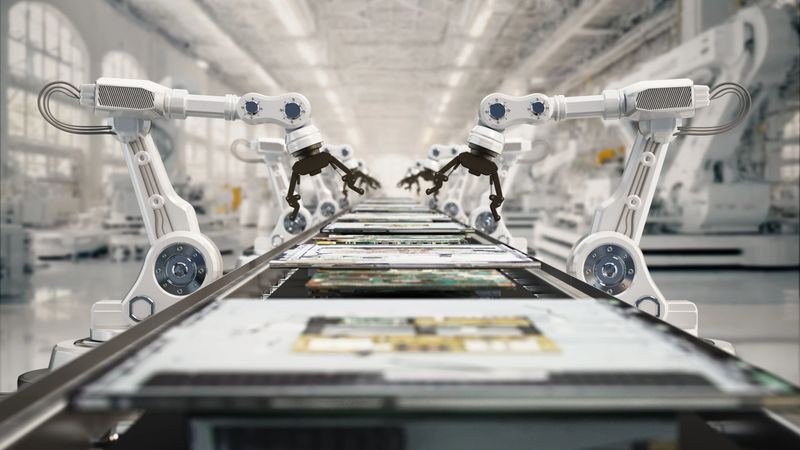 High-tech robotics work efficiently on an assembly line, handling electronic components in a modern manufacturing facility. This advanced setup showcases automation in production processes. 3D illustration.