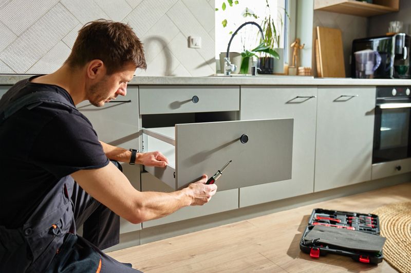 Man assembling kitchen drawer in modern cabinet using screwdriver. Handyman installing and adjusting drawer slide mechanism in contemporary kitchen. Furniture installation