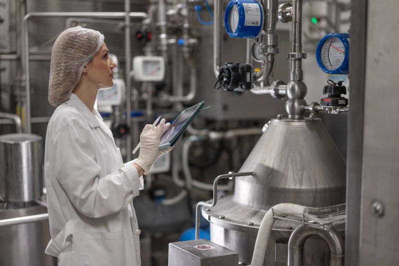 One mid adult woman in lab coat and hairnet examining industrial machinery while holding tablet, surrounded by stainless steel equipment and pipes