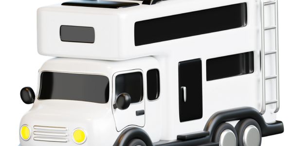 White and black toy camper van with yellow headlights.