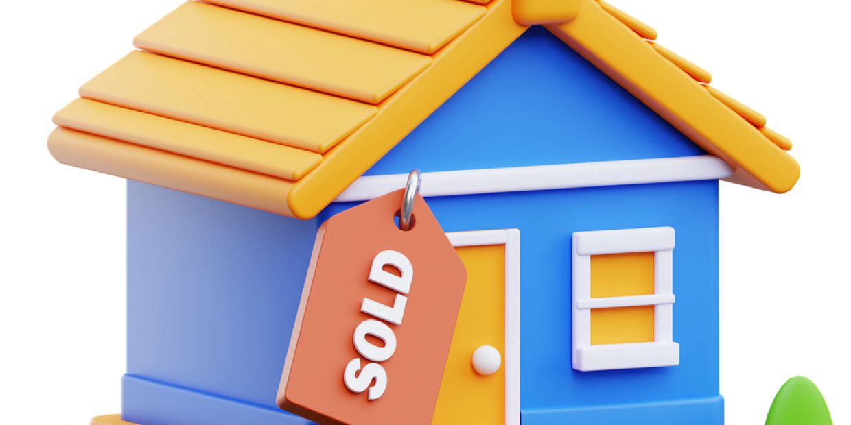 3D illustration of a blue house with a sold tag.