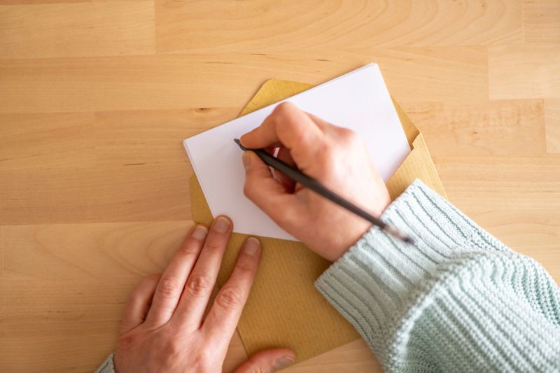 Person writing a heartfelt letter on a blank sheet of paper, placing it inside a brown envelope on a rustic wooden table, fostering a warm and personal connection through correspondence