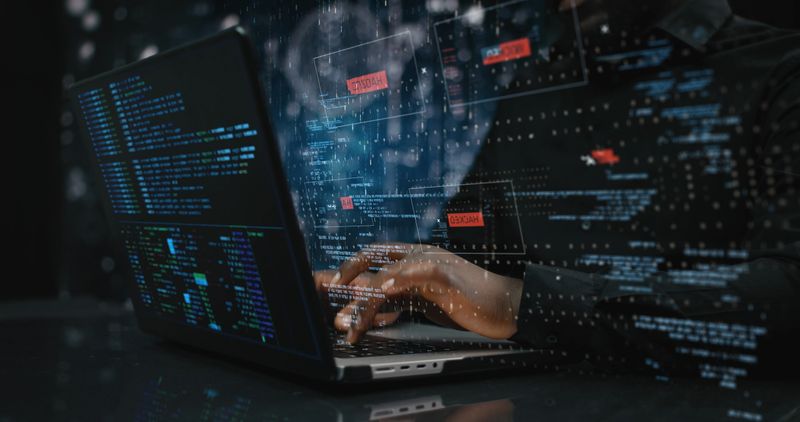 Futuristic vision of working and interacting computers and tablets with modern holographic interface. Businessman, programmer, coder, AI technician working in future