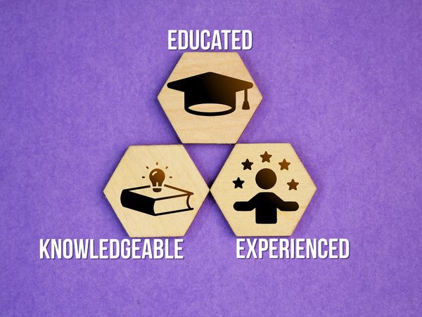 Wooden hexagons showing educated, knowledgeable, and experienced icons on purple background.
