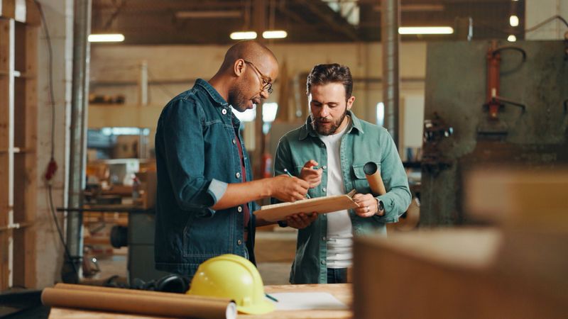 Clipboard, teamwork or people in woodworking warehouse factory for inventory, plan or furniture production. Carpentry, carpenter or project progress update for timber, lumber or construction business