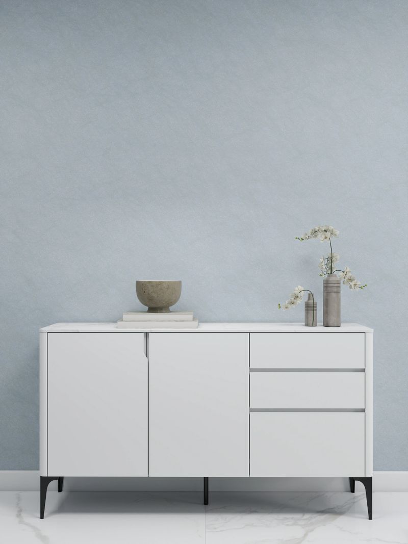 Blue wall mockup with a white sideboard and decorations. 3D rendering, interior design, 3D illustration