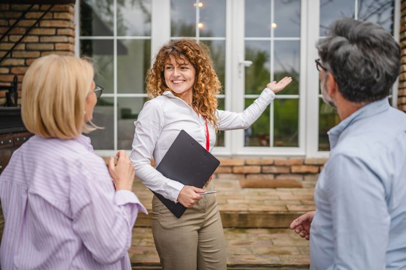 under the shoulder view of beautiful woman real estate agent present house to mature couple