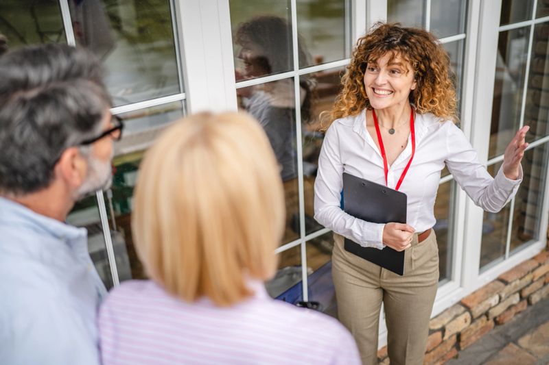 under the shoulder view of beautiful woman real estate agent present house to mature couple