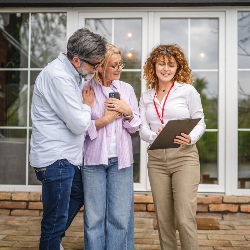beautiful woman real estate agent present house to delight mature couple