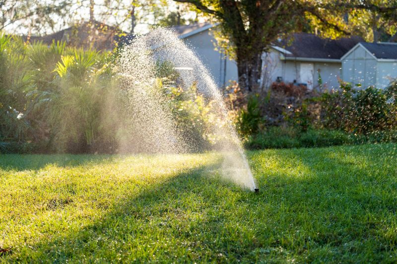 Lawn grass watering with automated sprinkler. Keeping green backyard during dry season.
