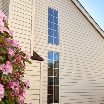 Tall, narrow windows on beige house siding with pink flowers nearby.
