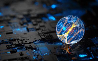 Glowing digital sphere on a futuristic circuit board.