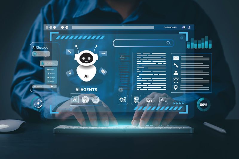 AI agent and generative artificial intelligence concept. Businessman using AI agents on screen, including chatbots, AI assistants, and data analytics tools on a laptop. LLM, Ai agentic workflows.