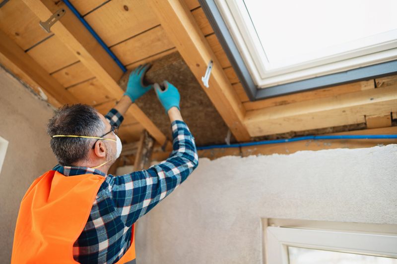 A construction worker installing insulation materials under a wooden roof using protective equipment, ensuring energy efficiency and thermal management in a residential attic area. The scene illustrates sustainable building practices.