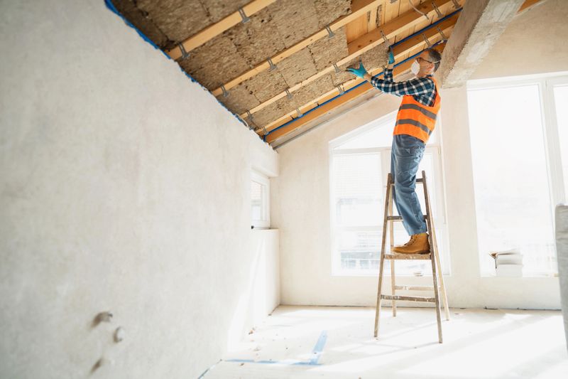 Construction worker installing insulation in a bright attic using a ladder and tools. The space has large windows and the ceiling showcases wooden beams. A focused activity for improving energy efficiency.