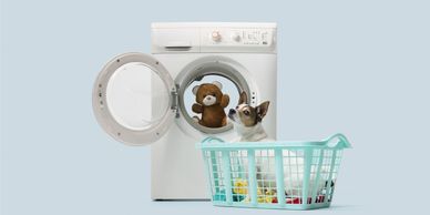 Dog with teddy bear in washing machine and laundry basket.