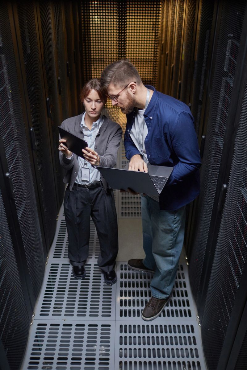 Caucasian man and woman examining data on tablets in server room surrounded by servers and technology-focused environment, engaged in collaborative discussion and analysis