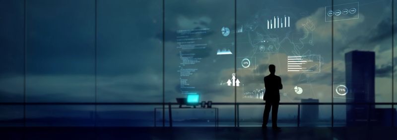 Boss man standing analyze, analysis, graph, business, chart, statistic, planning, strategy, growth, data, finance, economy, analyst, analytics, and success at the office, Silhouette of a man in a huge office in front of large windows viewing corporate infographics.