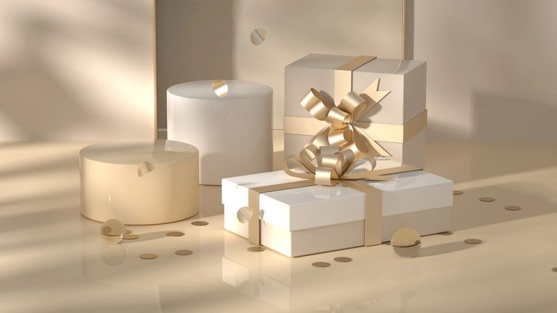 A serene and elegant 3D composition featuring beautifully wrapped gift boxes with golden ribbons, alongside minimalist candles on a reflective beige surface. Golden confetti adds a touch of celebration. The soft lighting and shadows create a calm, luxurious atmosphere. Perfect for illustrating special occasions like birthdays, anniversaries, holidays, weddings, or for concepts related to gifting, luxury, and tranquil celebrations.