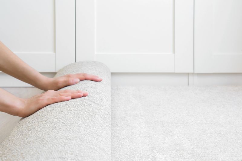 Young adult woman hands unrolling white new fluffy carpet beside cabinet at home room. Closeup. Side view.