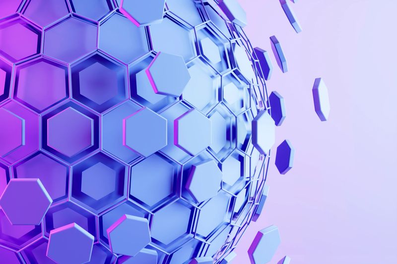 Futuristic Global Technology Background, Abstract Hexagonal Sphere with Neon Lighting. Digitally generated image. 3d render.