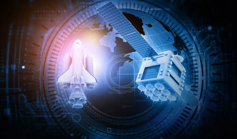 Spaceship and satellite on digital earth globe background. 3d illustration