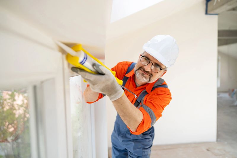 A professional worker using a caulking gun to apply silicone to walls in a bright, modern interior. Dressed in orange overalls and working diligently, the craftsman shows a focus on renovation and craftsmanship.
