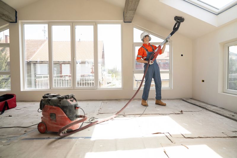 Professional renovation worker using sanding machine to smooth walls in a sunny room.