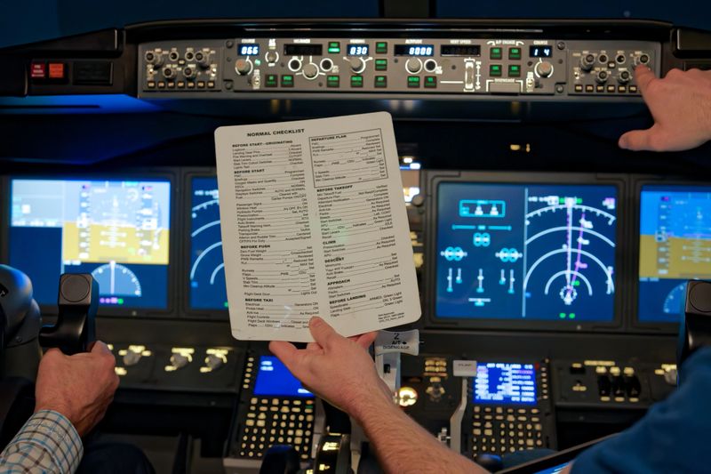 Two people, a flight instructor and a student pilot focus on a checklist inside of a commercial plane simulator.