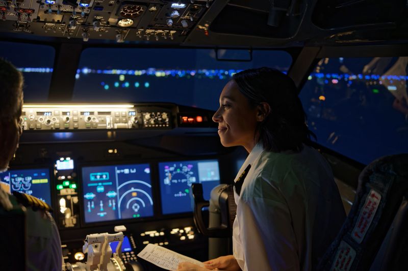 Beautiful lighting illuminates a smiling co-pilot in a commercial plane cockpit.