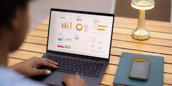 Person analyzing financial charts on a laptop at a wooden table.