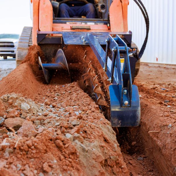 A machine digging a trench in red soil at a construction site.