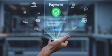 Hand interacting with a futuristic digital payment interface.