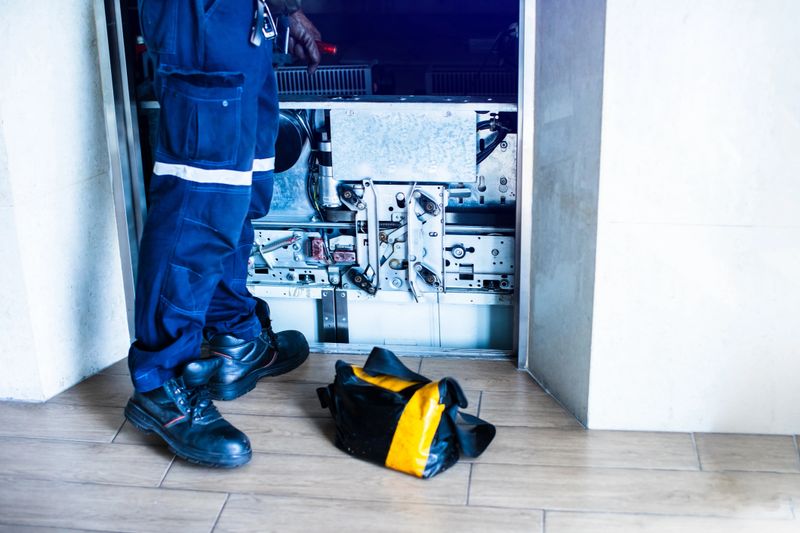 Maintenance man working on elevator of the factory or building.
Professional elevator technician fixing lift doors in build residential building. Lifting machine maintenance.