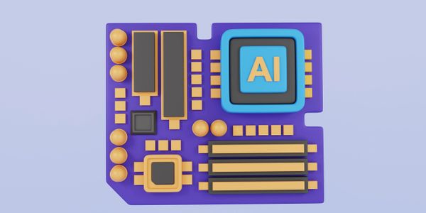3D illustration of a purple circuit board with AI chip.