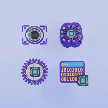 Four AI icons representing vision, brain, gear, and binary code with microchips.