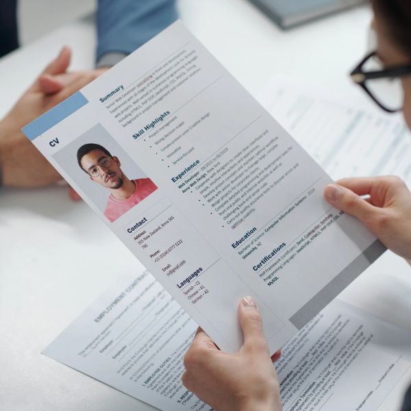 Person reviewing a CV during an interview.