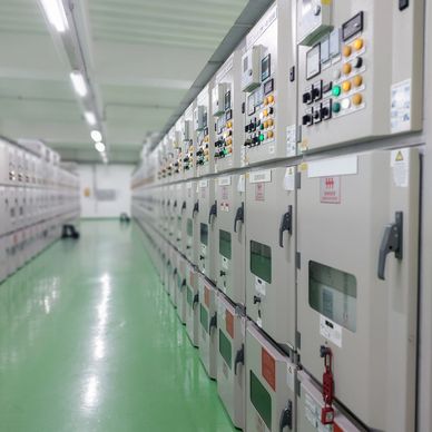 A long corridor of electrical control panels in a clean, industrial room.