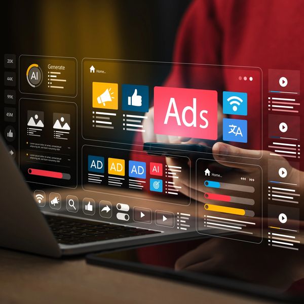 Person using a smartphone with digital ads and AI analytics interface floating above a laptop.