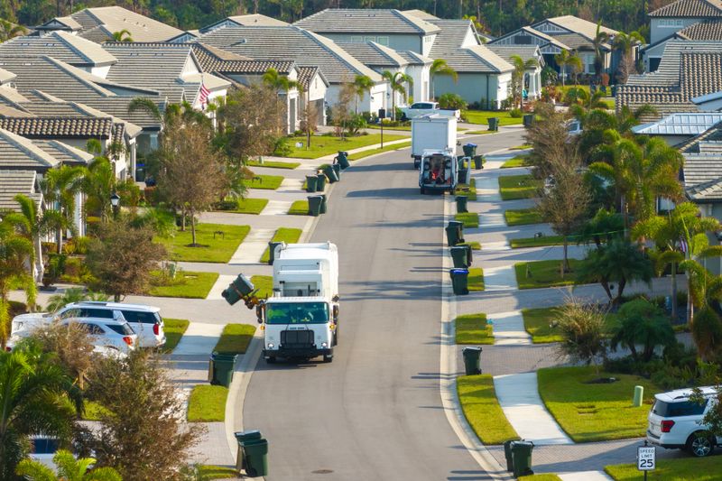 Automated modern garbage collector truck loading waste on Florida town street. Municipal services.