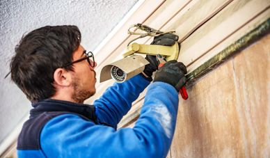 Technician installing a security camera on a wall indoors.