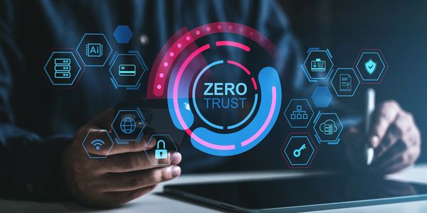 Person interacting with digital security interface showing Zero Trust concept.
