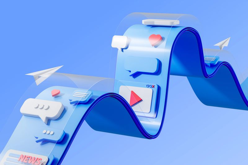 3D rendering of a social media concept with speech bubbles, hearts, and paper planes on a wavy blue structure. Futuristic digital communication design