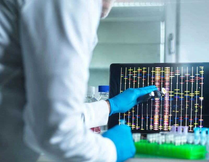 A laptop displays a DNA sequencing analysis in a research laboratory, with tubes and vials present. This image illustrates modern genetic research.