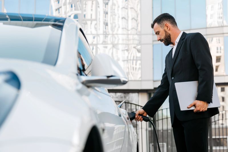 A confident business executive charging his modern electric car near the business center. The concept of ecological transportation and business.