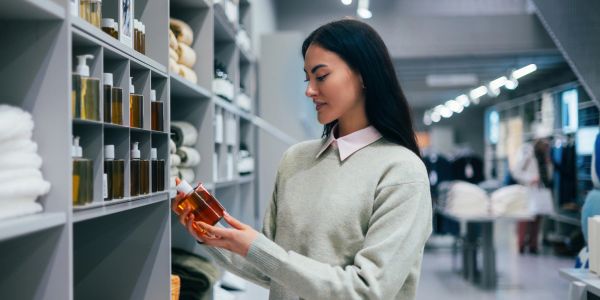 Woman shopping for a bottle in a store.