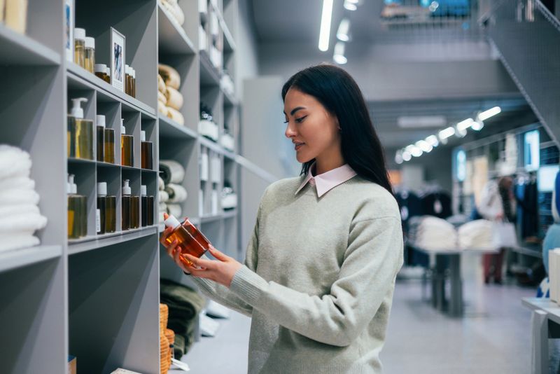 Young woman examines a skincare product while shopping in a chic, modern store interior. Shelves filled with organized products and stylish decor are visible, enhancing the clean and minimalist ambiance.